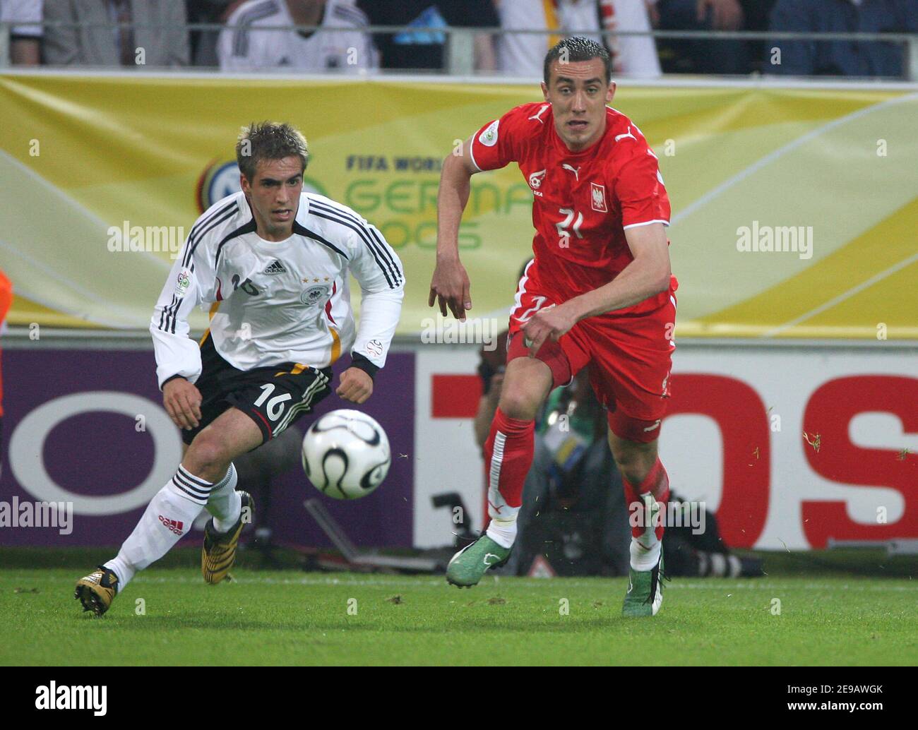 Germany's Philipp Lahm and Ireneusz Jelen during the World Cup 2006, Germany vs Poland at the Signal Iduna Park stadium in Dortmund, Germany on 14, 2006. Germany won 1-0. Photo by Gouhier-Hahn-Orban/Cameleon/ABACAPRESS.COM Stock Photo