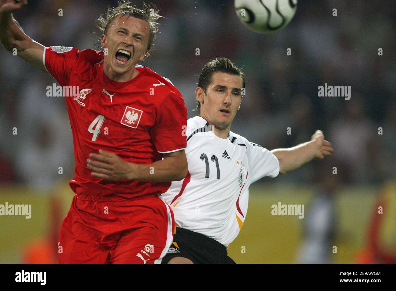 Germany's Miroslav Klose and Poland's Marcin Baszczynski during the World Cup 2006, Germany vs Poland at the Signal Iduna Park stadium in Dortmund, Germany on 14, 2006. Germany won 1-0. Photo by Gouhier-Hahn-Orban/Cameleon/ABACAPRESS.COM Stock Photo