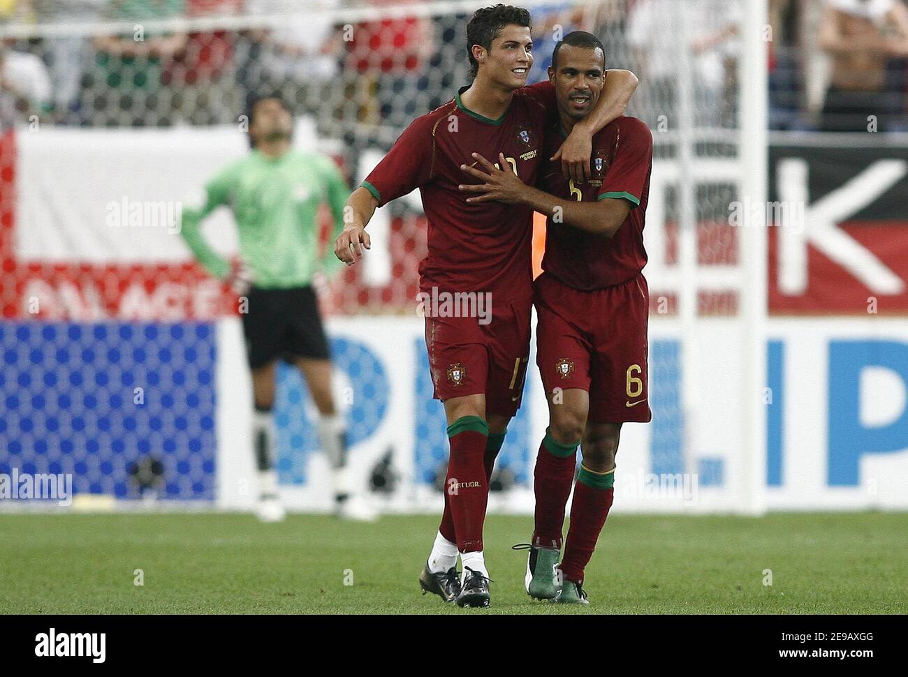 Portugal's Cristiano Ronaldo and Costinha celebrate during the World Cup 2006, Portugal vs Iran at the Fifa World Cup Stadium in Frankfurt, Germany on June 17, 2006. Portugal won 2-0. Photo by Christian Liewig/ABACAPRESS.COM Stock Photo