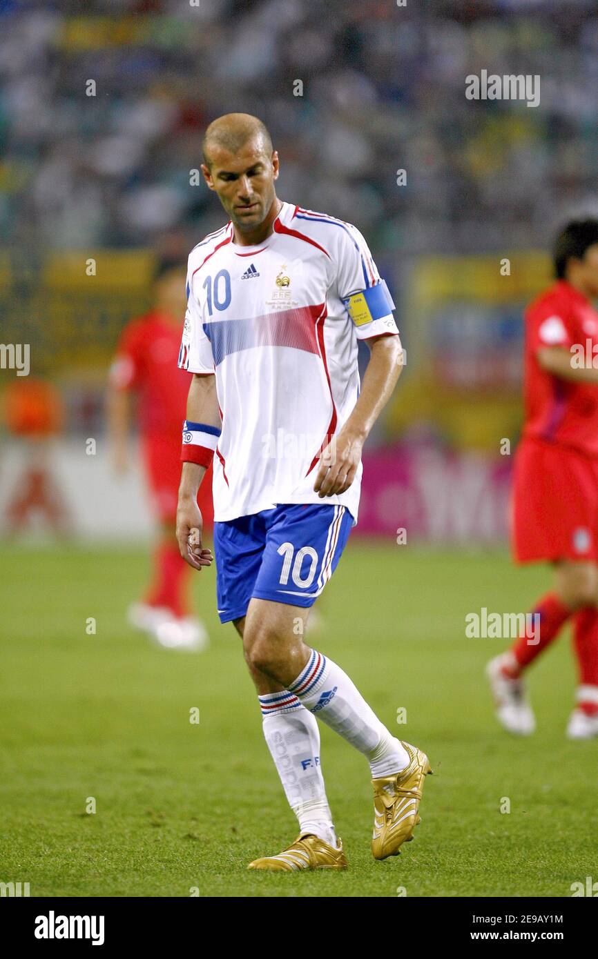 France's Zinedine Zidane look dejected during the World Cup 2006, Group G France vs South Korea, in Leipzig, Germany, on June 18, 2006. The game ended in draw 1-1. Photo by Christian Liewig/ABACAPRESS.COM Stock Photo