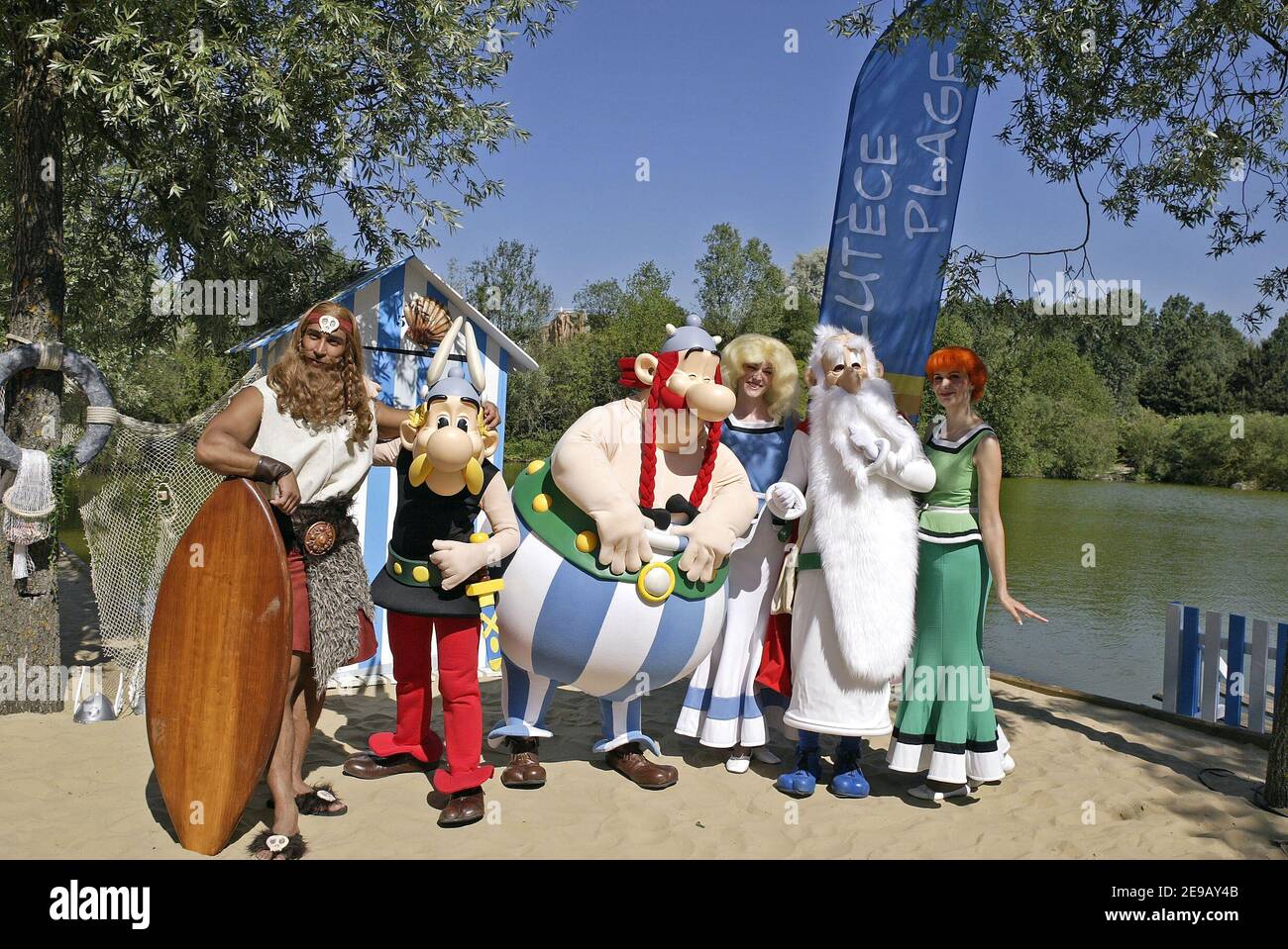 Asterix,Obelix,Panoramix, Falbala and Bonemine attend the new attraction 'The vikings are disembarking' at Park Asterix in Plailly near Paris, France on June 17, 2006. Photo by Edouard Bernaux/ABACAPRESS.COM Stock Photo