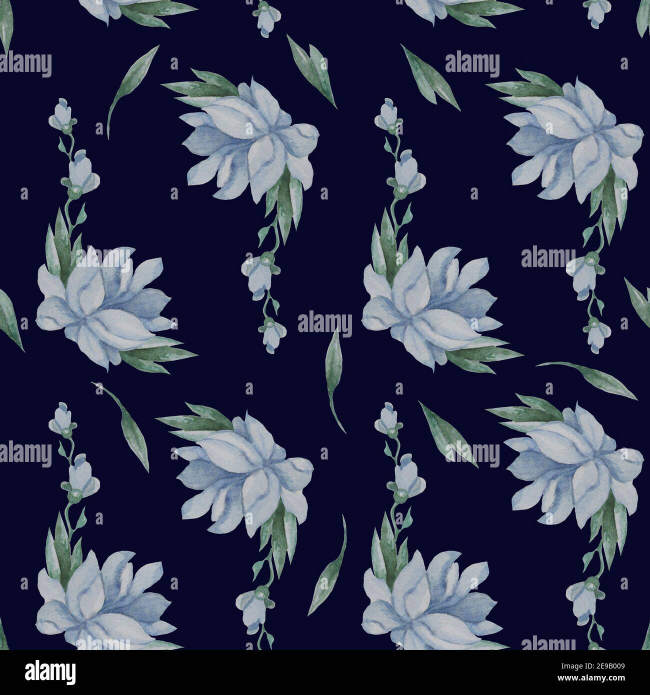 Seamless patterns. Floral patterns - blue flowers and leaves on a black ...