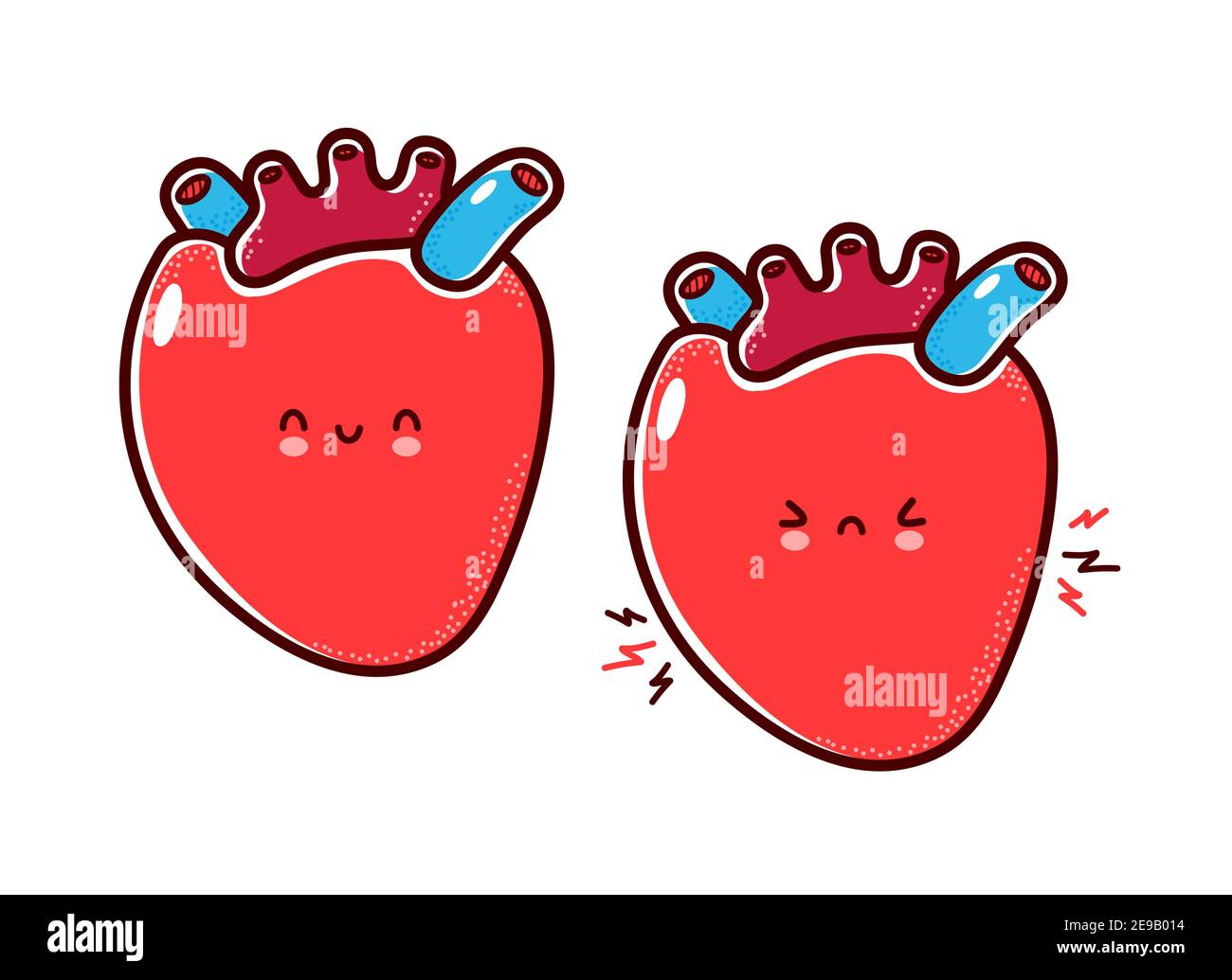 Cute healthy and sick sad funny human heart organ character. Vector flat line cartoon kawaii character illustration icon. Isolated on white background. Heart with face character mascot concept Stock Vector