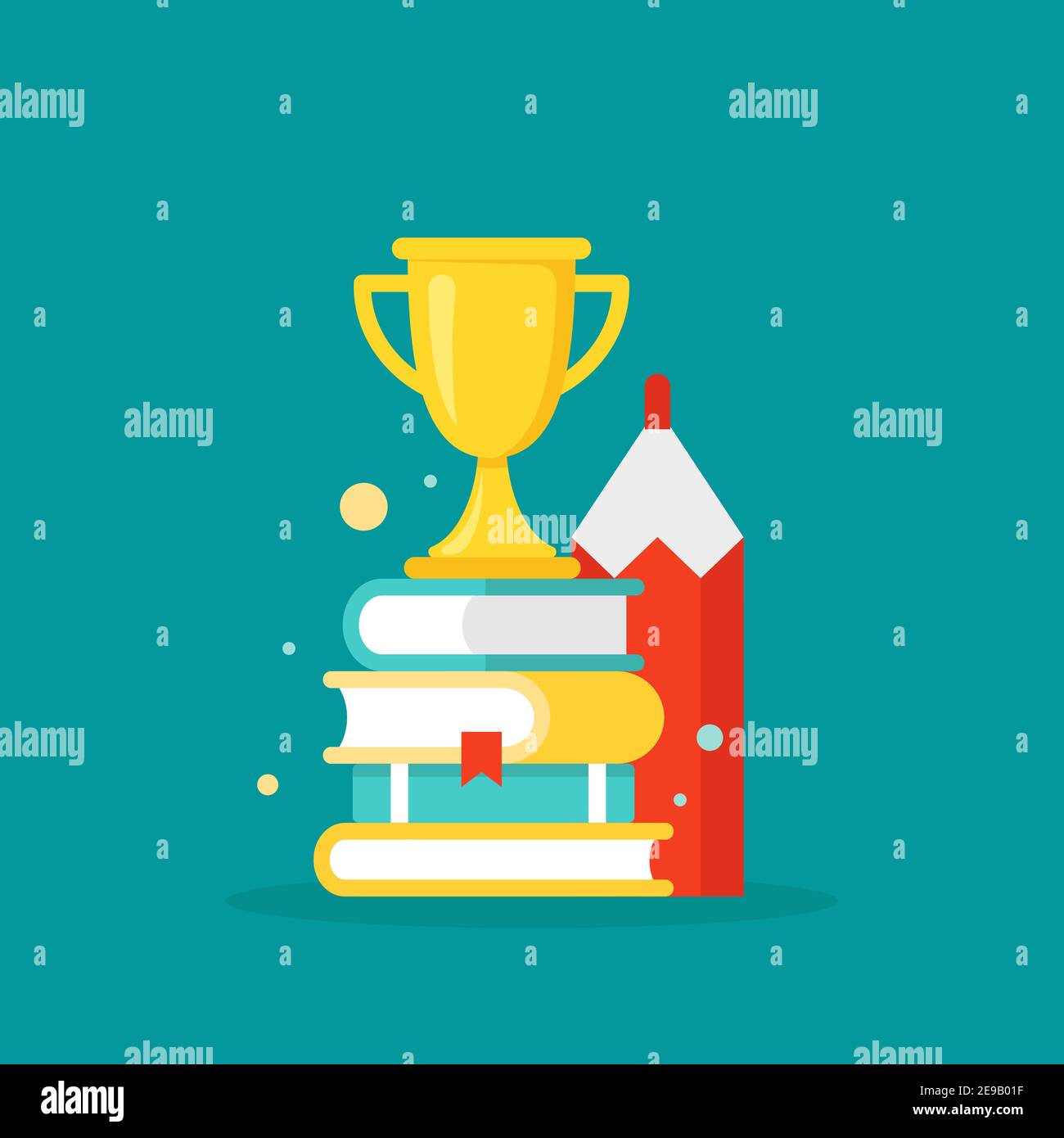 stack of books, pencil and gold trophy or winning cup. Isolated on powder blue background. Flat reading icon. Vector illustration. Education logo. Kno Stock Vector