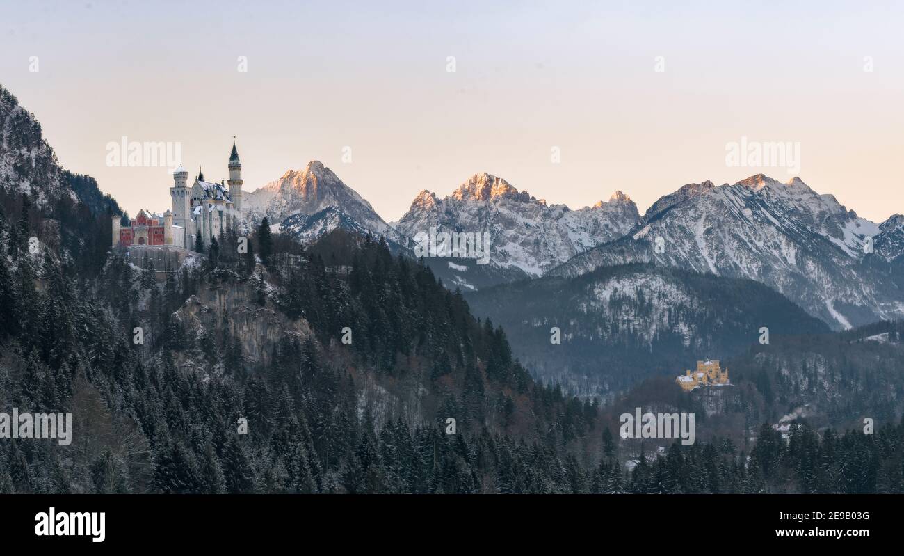 Sunrise in the mountains at Castle Neuschwanstein Stock Photo