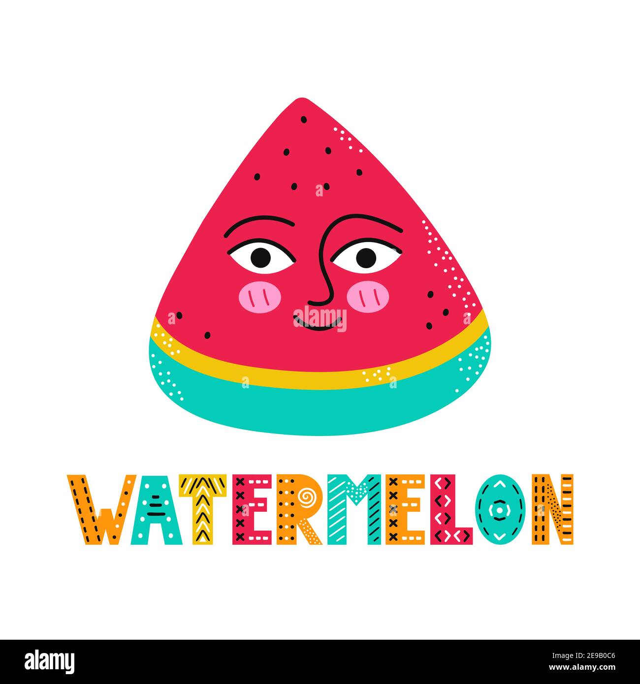 Cute happy smile watermelon fruit. Vector simple flat cartoon scandinavian character hand drawn illustration icon. Isolated on white background. Scandinavian watermelon fruit print concept Stock Vector