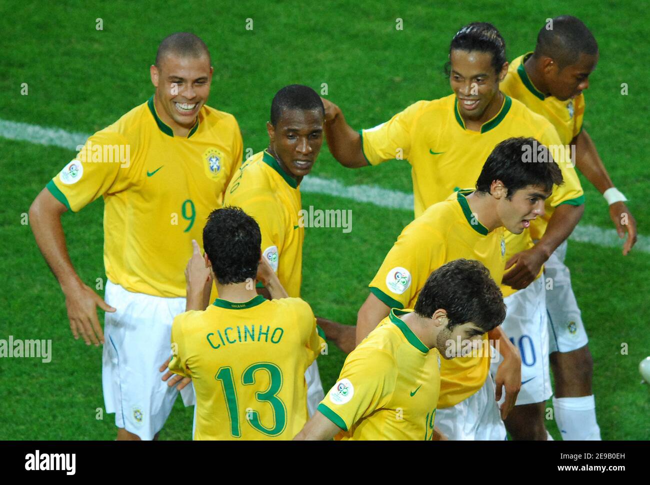 Brazil's soccer team celebrates the Ronaldo's goal during the World Cup 2006,  Group F, Japan vs Brazil at the Signal Iduna Park stadium in Dortmund,  Germany 22, 2006. Brazil won 4-1. Photo