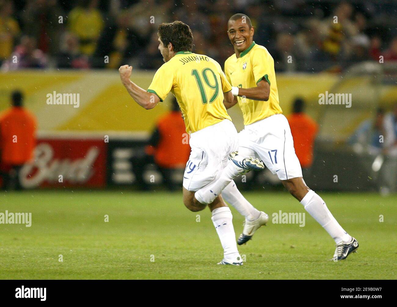 Brazil's Juninho and Gilberto Silva during the World Cup 2006, Group F, Japan vs Brazil at the Signal Iduna Park stadium in Dortmund, Germany on June 22, 2006. Brazil won 4-1. Photo by Christian Liewig/ABACAPRESS.COM Stock Photo