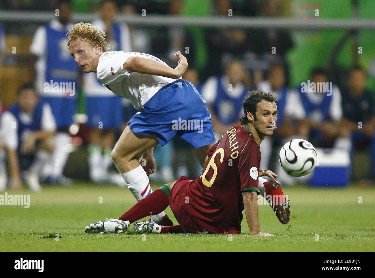 Netherland's Dirk Kuijt and Portugal's Ricardo Carvalho battle for the ball during the World Cup 2006, second round, Portugal vs Hollande, at the Easy-Credit-Stadion, in Nuremberg, Germany, on June 25, 2006. Portugal won 1-0. Photo by Christian Liewig/ABACAPRESS.COM Stock Photo