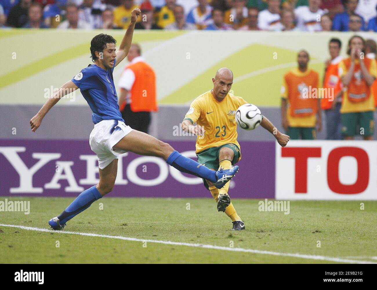 Italy's Fabio Grosso and Australia's Mark Bresciano battle for the ball during the World Cup 2006, Second round, Australia vs Italy at the Fritz-Walter-Stadion in Kaiserslautern, Germany on June 26, 2006. Italy won 1-0 on a last-minute penalty kick. Photo by Christian Liewig/ABACAPRESS.COM Stock Photo