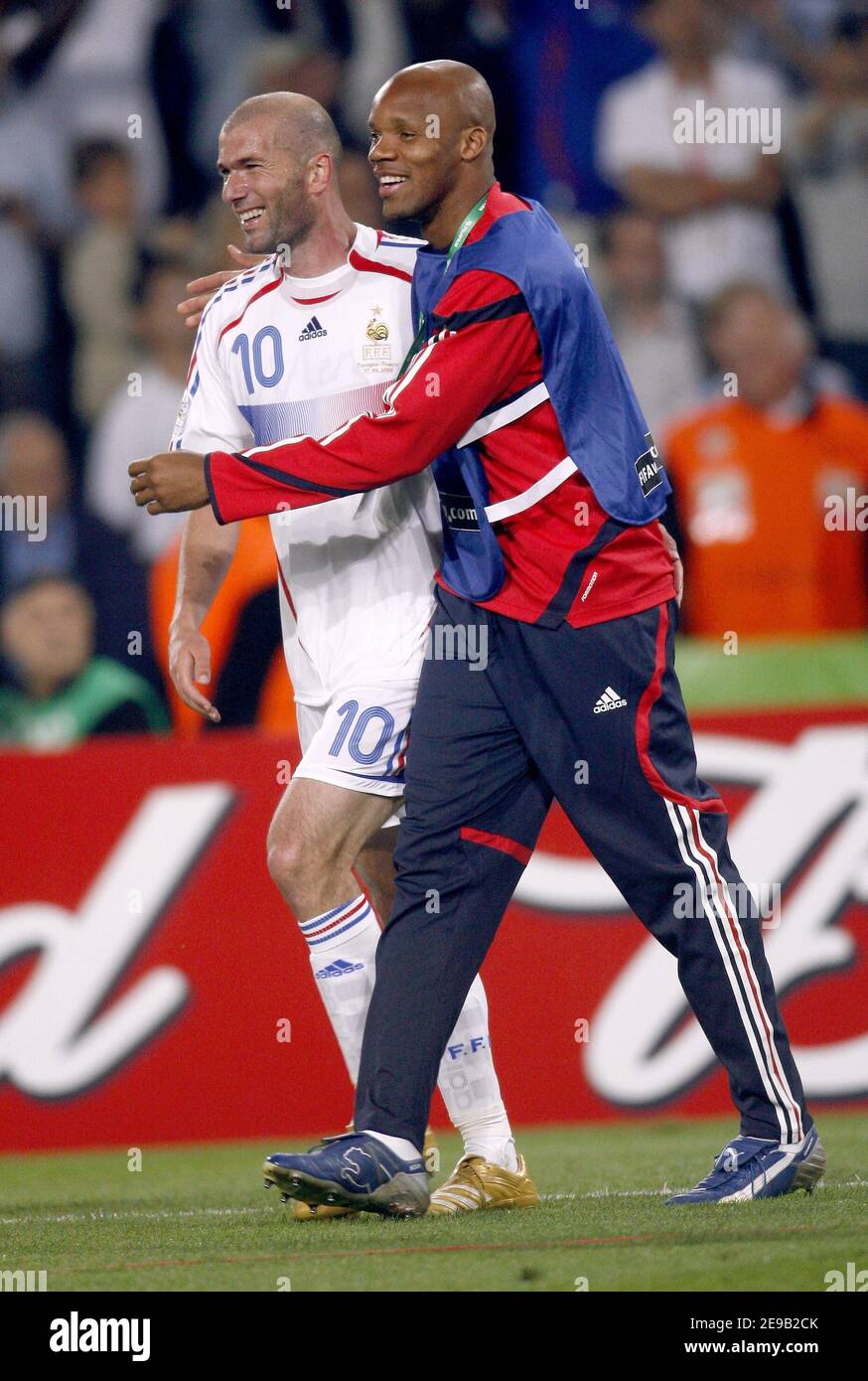 France's Jean-Alain Boumsong and Zinedine Zidane during the World Cup 2006,  Second round, France vs Spain at the AWD-Arena stadium in Hanover, Germany  on June 27, 2006. France won 3-1. Photo by