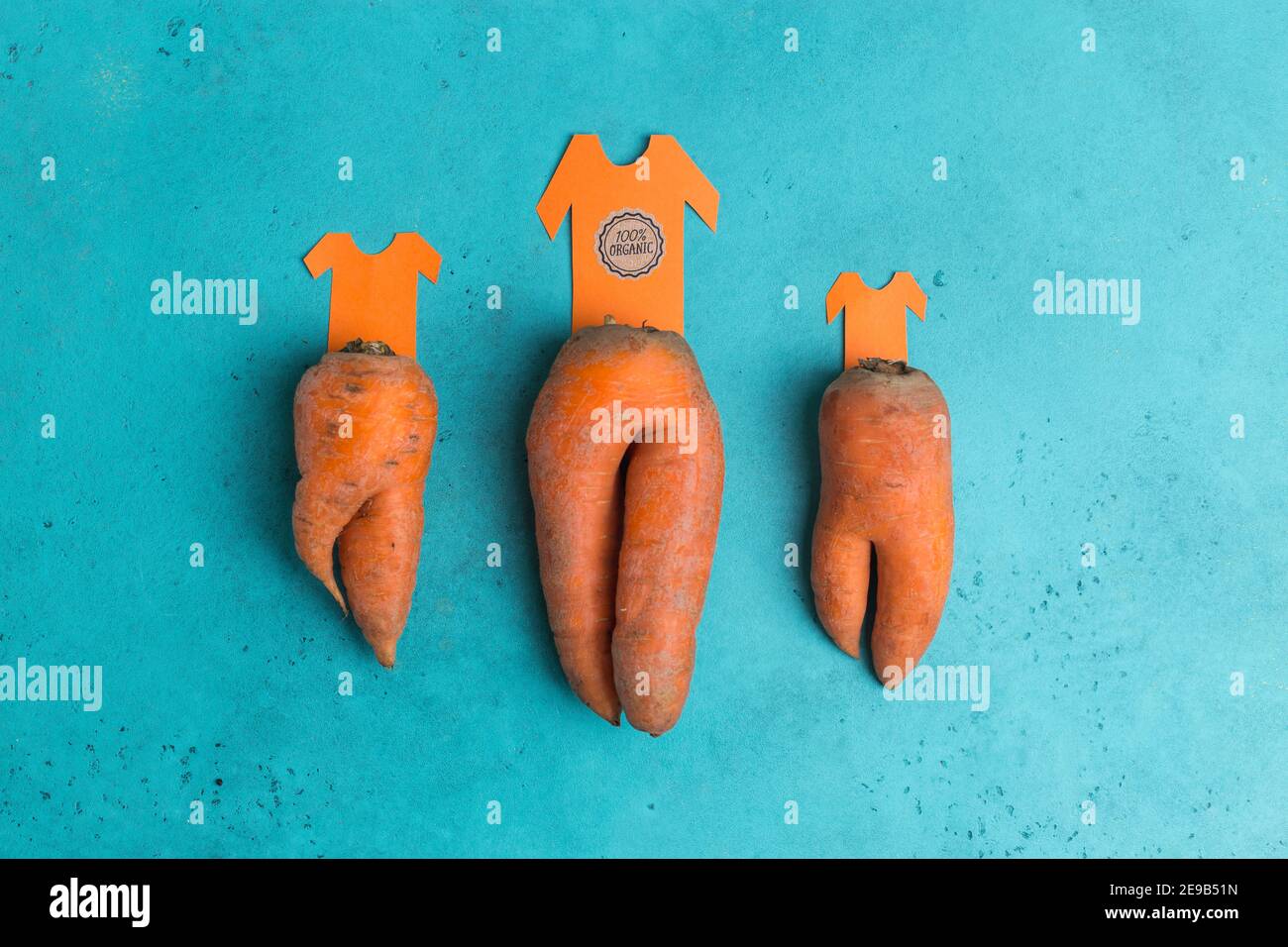 trendy ugly organic carrot as trousers with t-shirt cut from paper creative concept Stock Photo