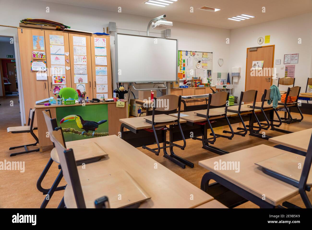 Primary school, classroom of a 4th grade, modern equipped school, new building, empty, during the lockdown in January 2021, pupils mostly learn at hom Stock Photo