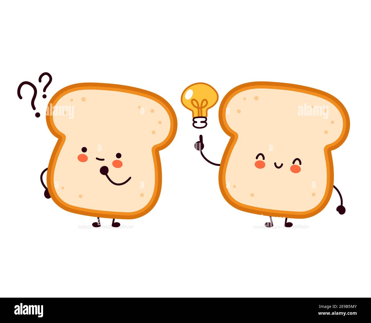 Cute funny bread toast character with question mark and idea lightbulb. Vector flat line cartoon kawaii character illustration icon. Isolated on white background. Toast face character mascot concept Stock Vector