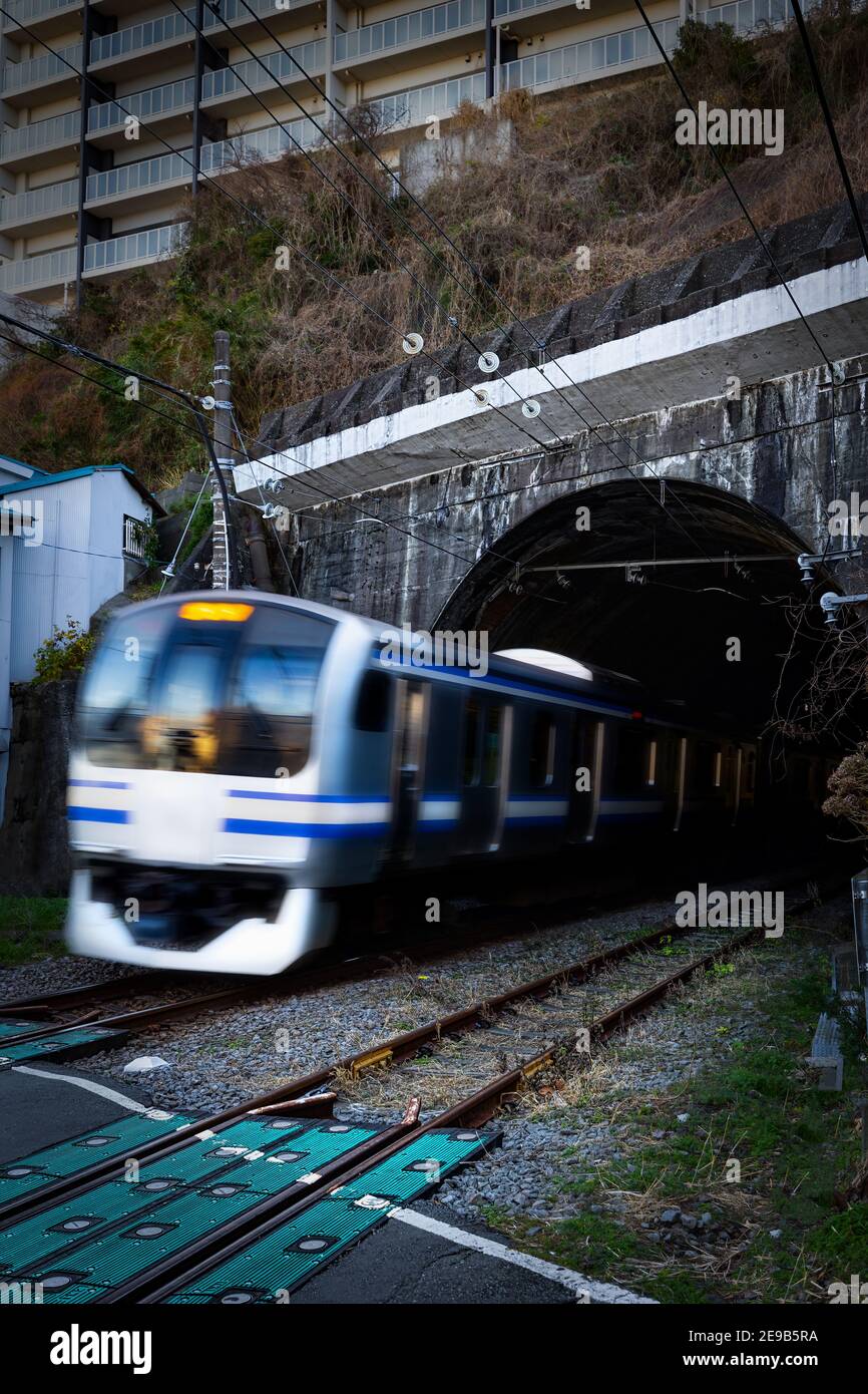 A train passes through a tunnel in Yokosuka, Japan. Stock Photo
