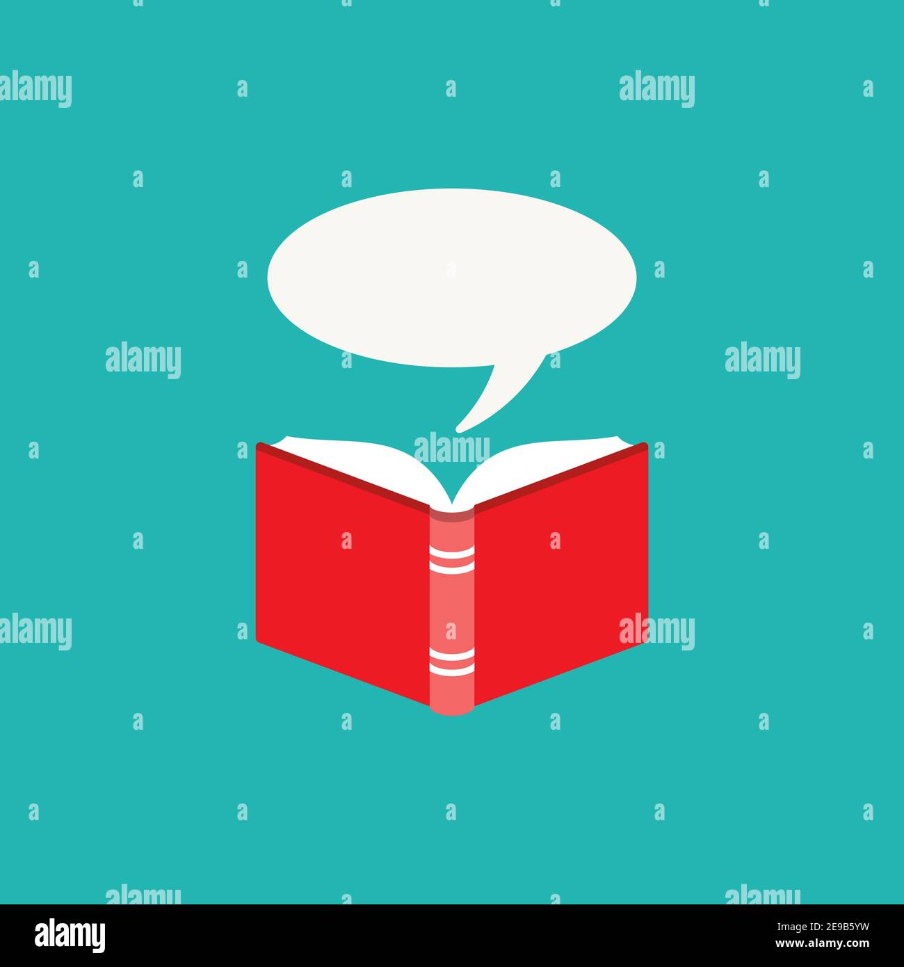 Open book with red book cover and white speech bubble on blue ...