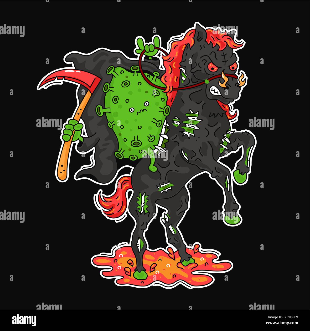 Funny angry corona virus ride on hell horse. Vector line cartoon character illustration poster print. Coronavirus, covid-19 concept Stock Vector