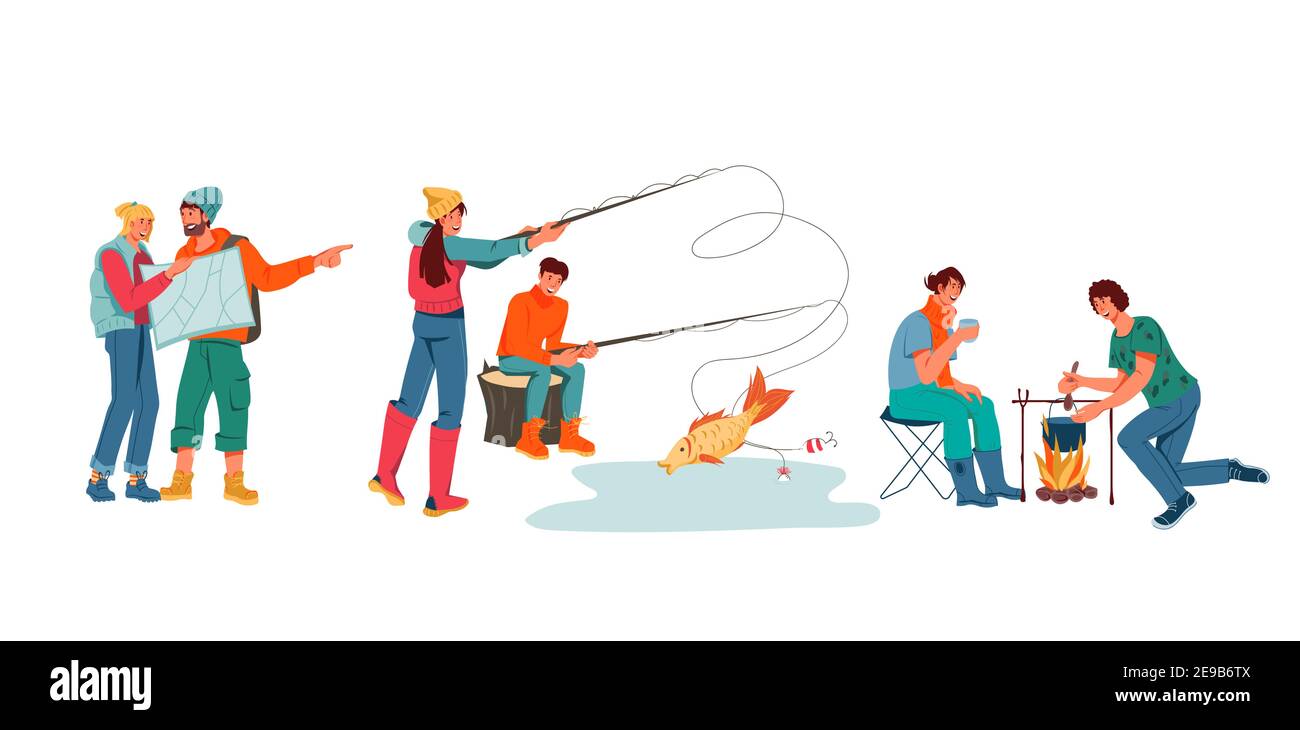 Set of young romantic couples during hiking and camping adventure, flat vector illustration isolated on white background. Men and women tourists fishi Stock Vector