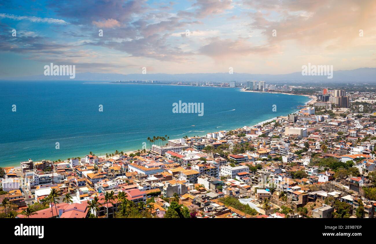 Scenic Mirador Cerro La Cruz Lookout with panoramic views of Puerto Vallarta and famous shoreline with ocean beaches and luxury hotels. Stock Photo