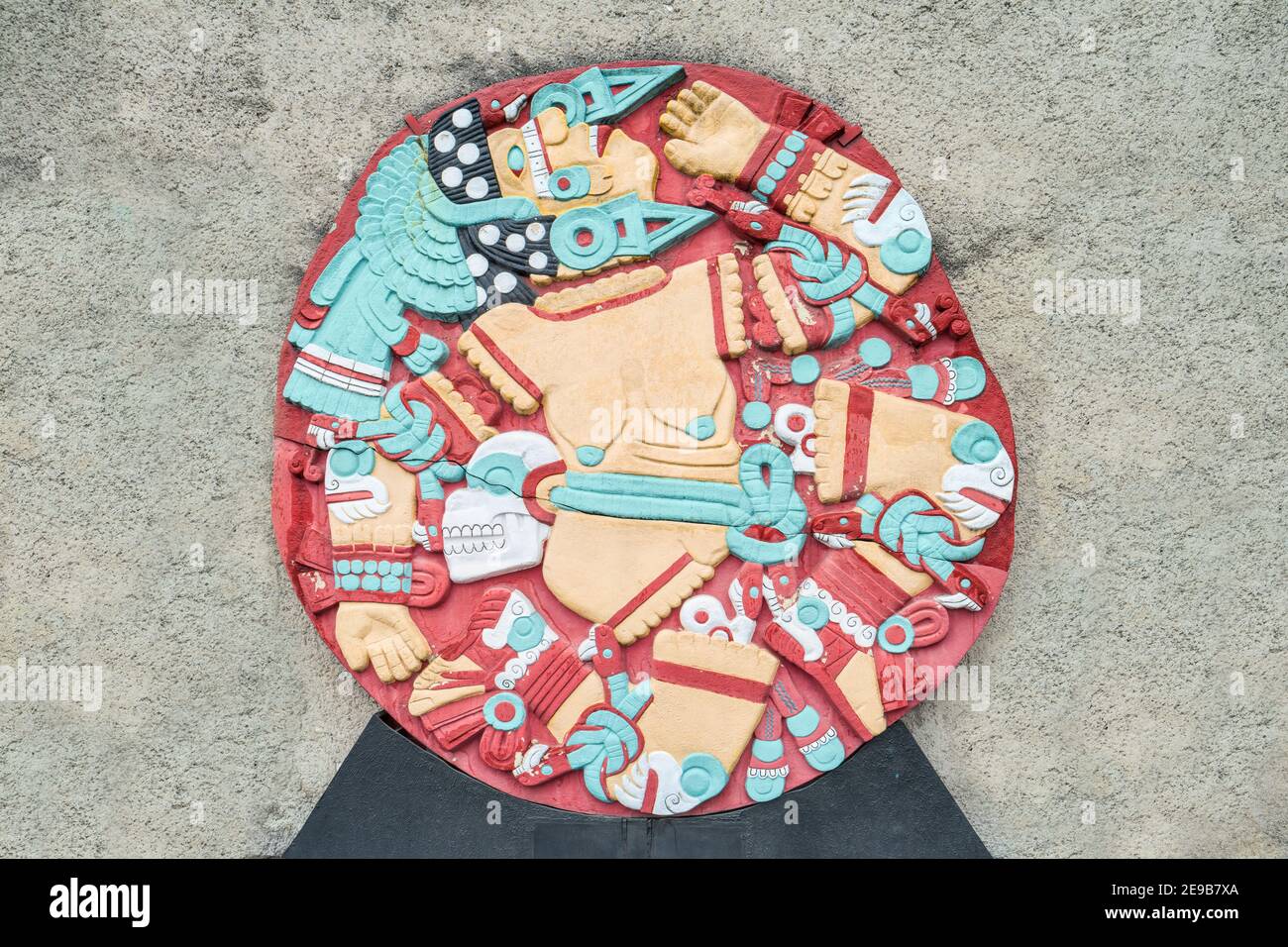 Replica of a large disk depicting a dismembered Coyolxauhqui which was found at the Templo Mayor in downtown Mexico City, Mexico. Stock Photo