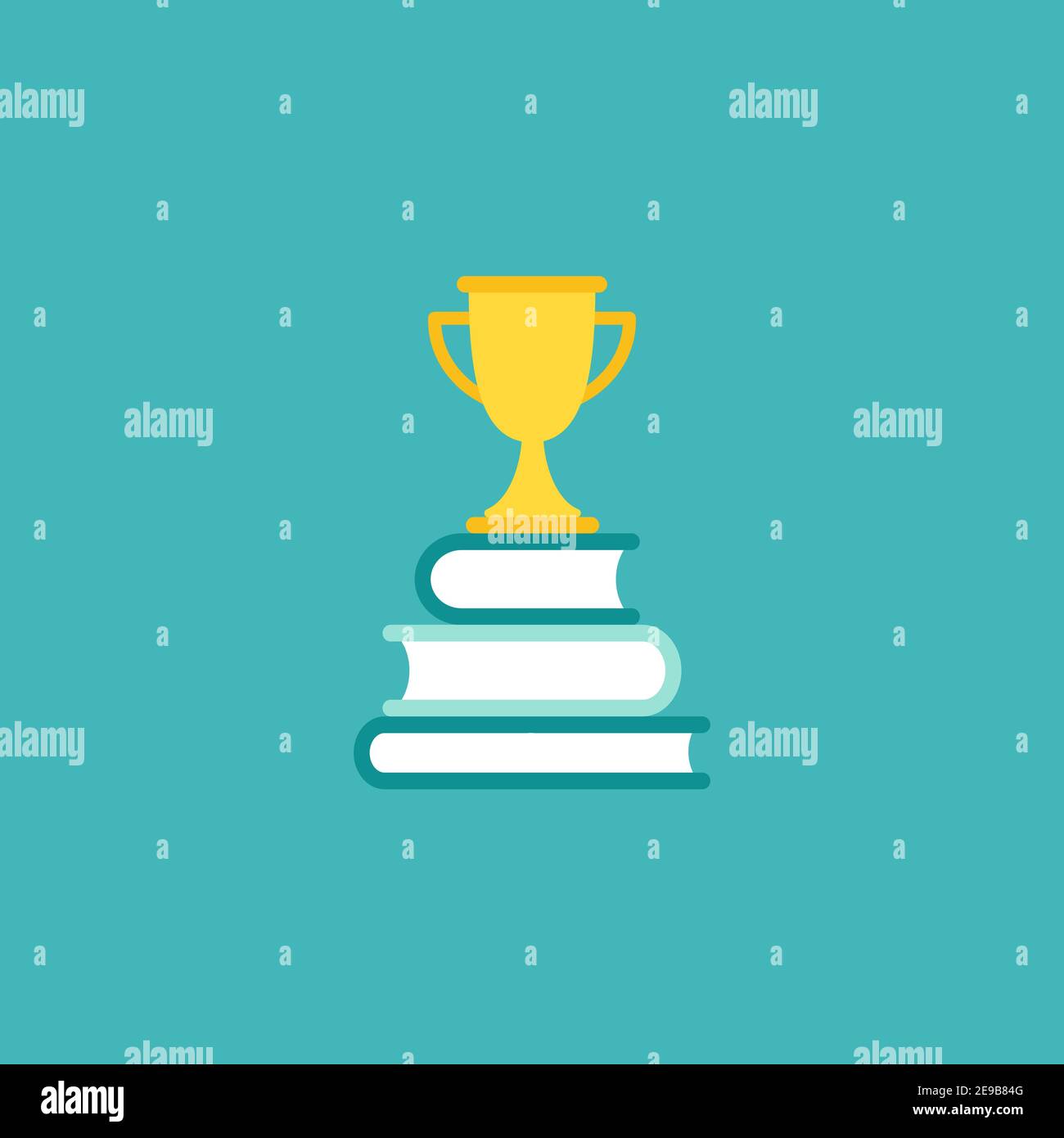 stack of books with gold trophy or winning cup isolated on blue. Flat reading horizontal background. Vector illustration. Education, graduation. Acade Stock Vector