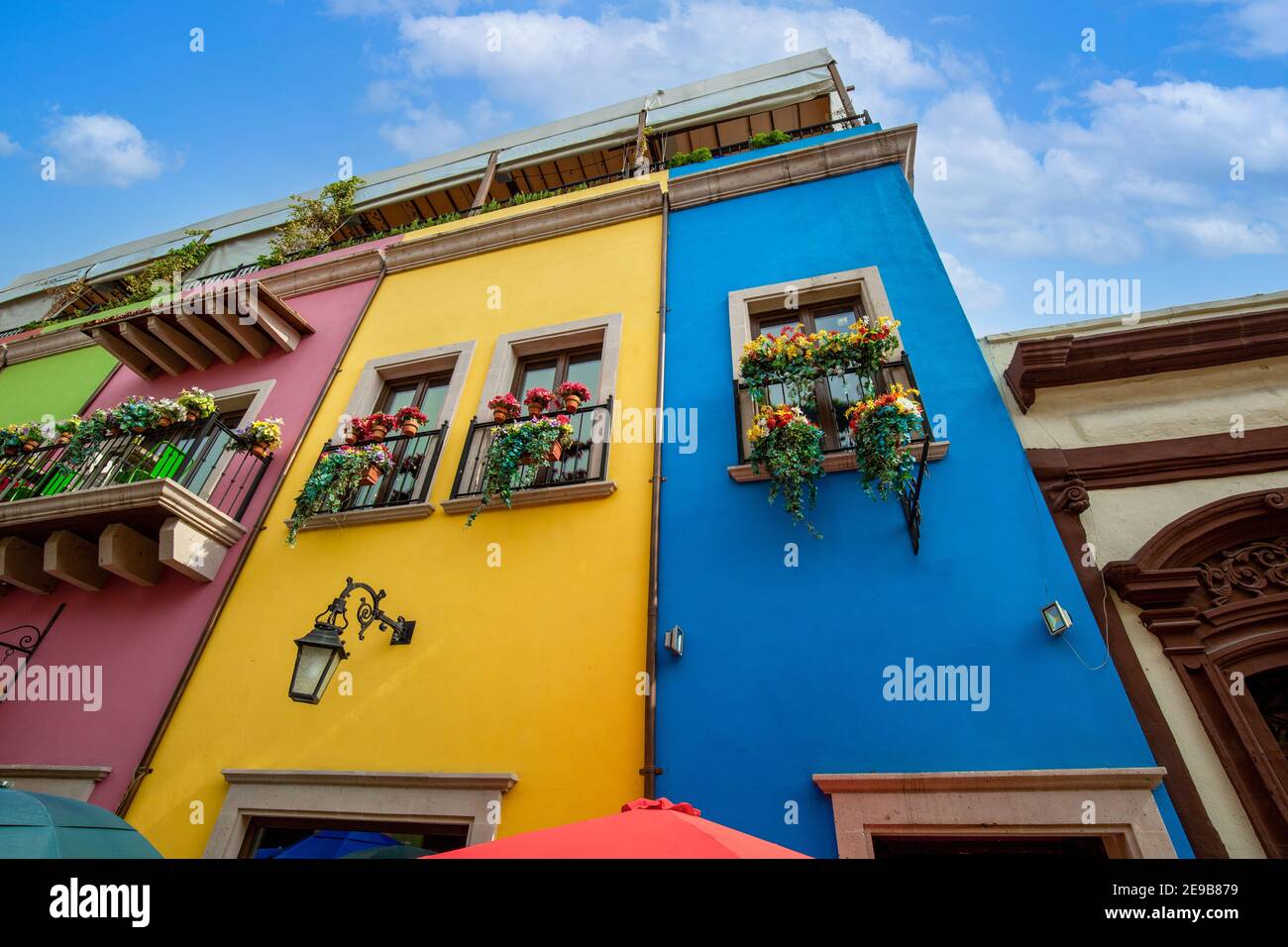 Mexico, Monterrey, colorful historic buildings in the center of the old city, Barrio Antiguo, a famous tourist attraction. Stock Photo
