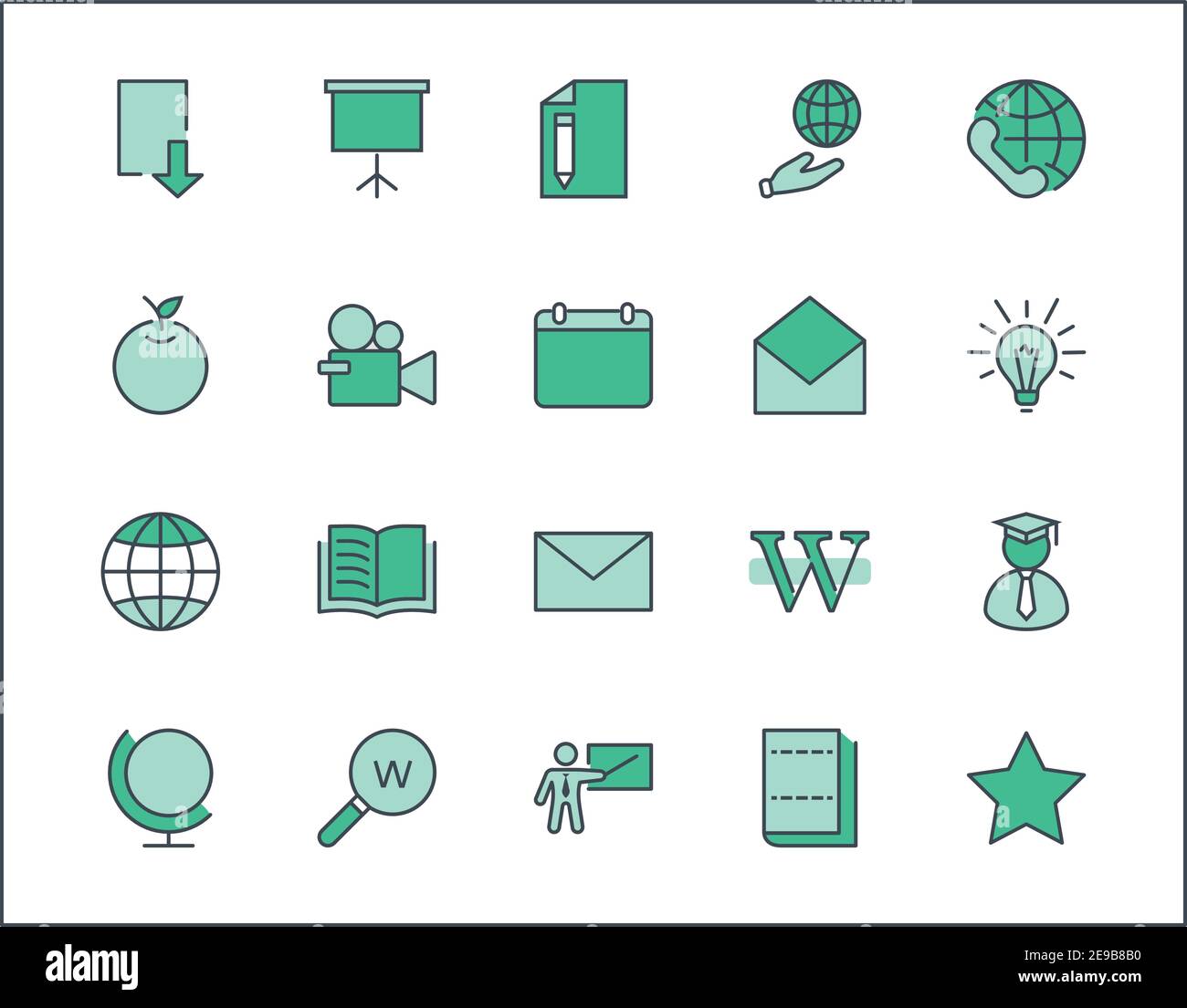 Wikipedia's birthday Set Line Vector Icon. Contains such Icons as Wikipedia, Open Book, Teacher, Blackboard, Pointer, Web Globe, Directory, Search Stock Vector