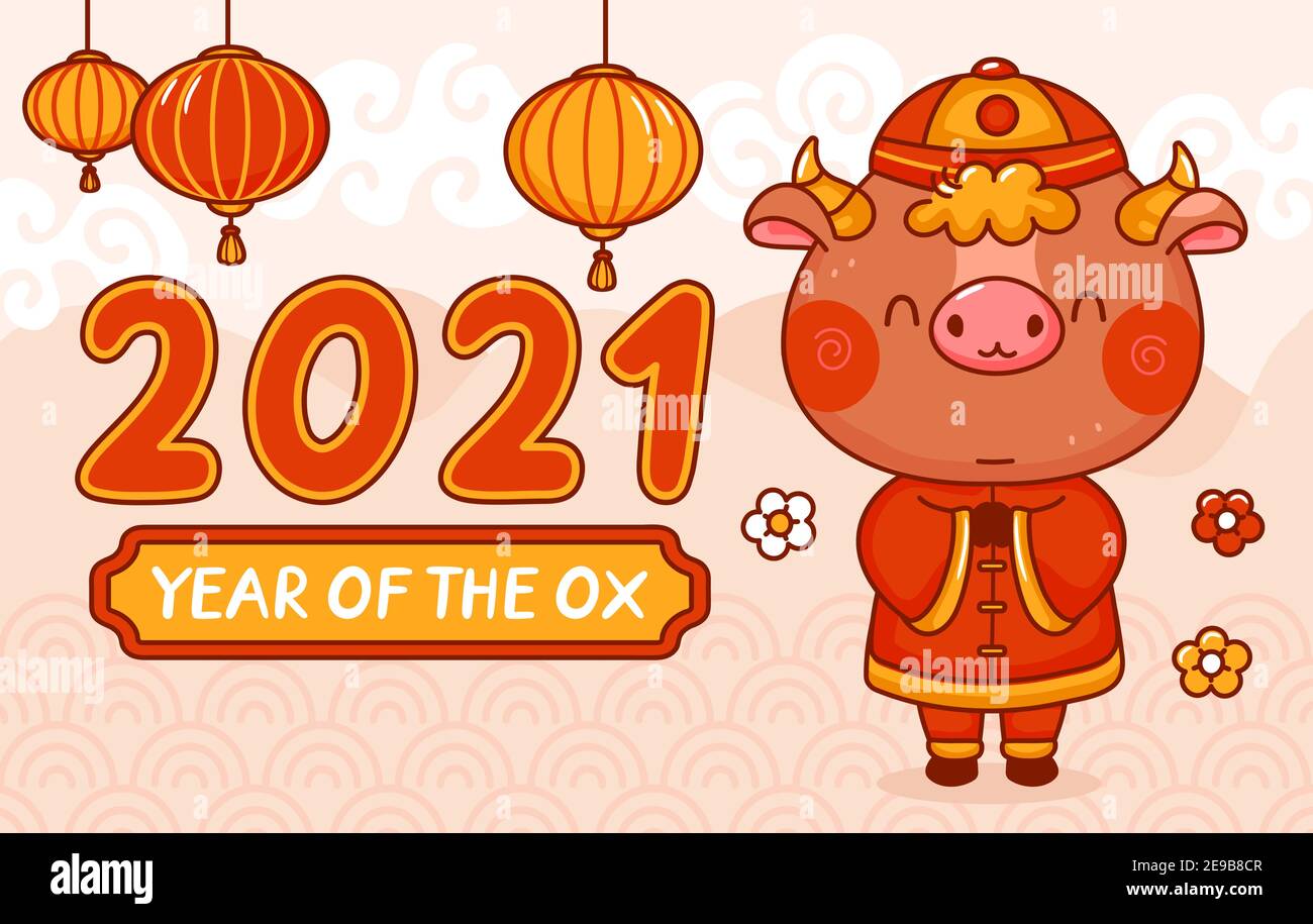 Chinese new year 2021 year of the ox. Vector kawaii cartoon line character illustration banner. New Year 2021, bull, ox concept Stock Vector