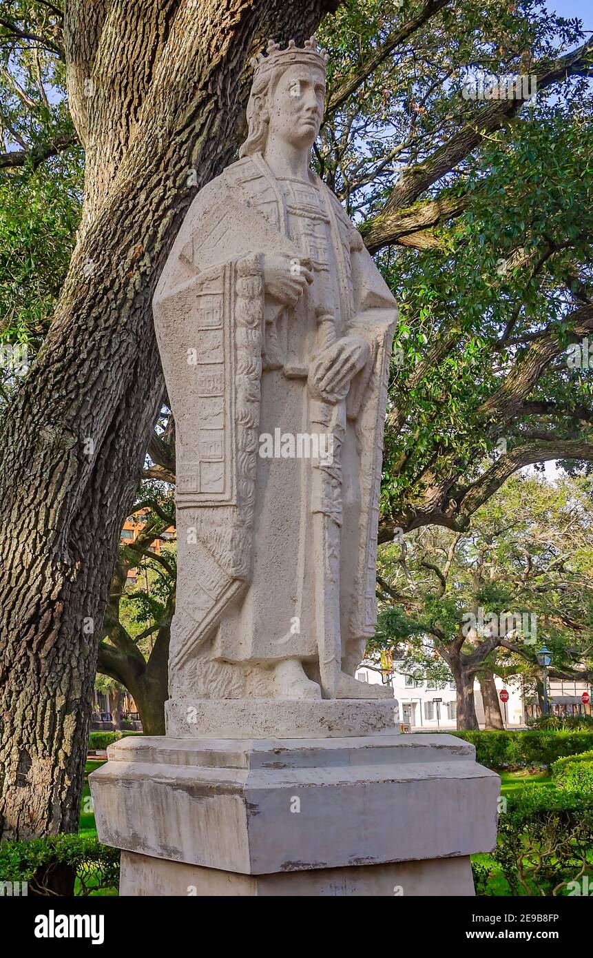 A statue of King Alfonso X of Castile stands in Spanish Plaza, Jan. 31, 2021, in Mobile, Alabama. Stock Photo