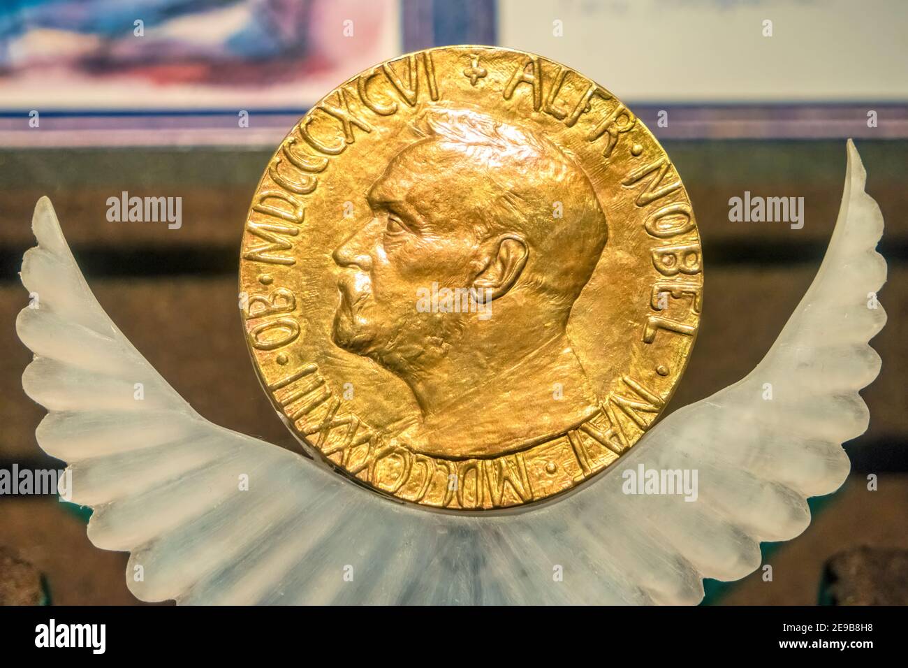 Nobel Peace Prize Medal awarded to Rigoberta Menchú exhibited in the Museo del Templo Mayor in Mexico City. Stock Photo