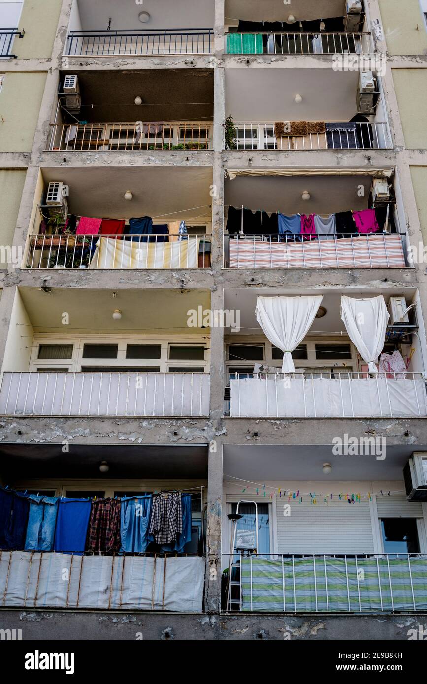 Block of flats with many messy balconies, Zadar, Dalmatia, Croatia Stock Photo