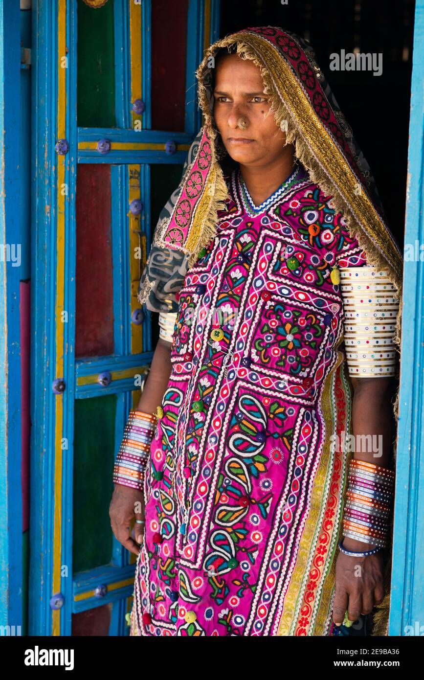 Gujarat India Meghwar Marvada woman in traditional embroidered dress. Stock Photo