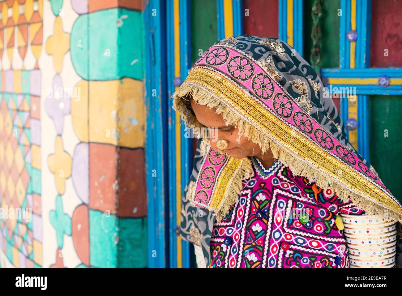 Gujarat India Meghwar Marvada woman in traditional embroidered dress. Stock Photo