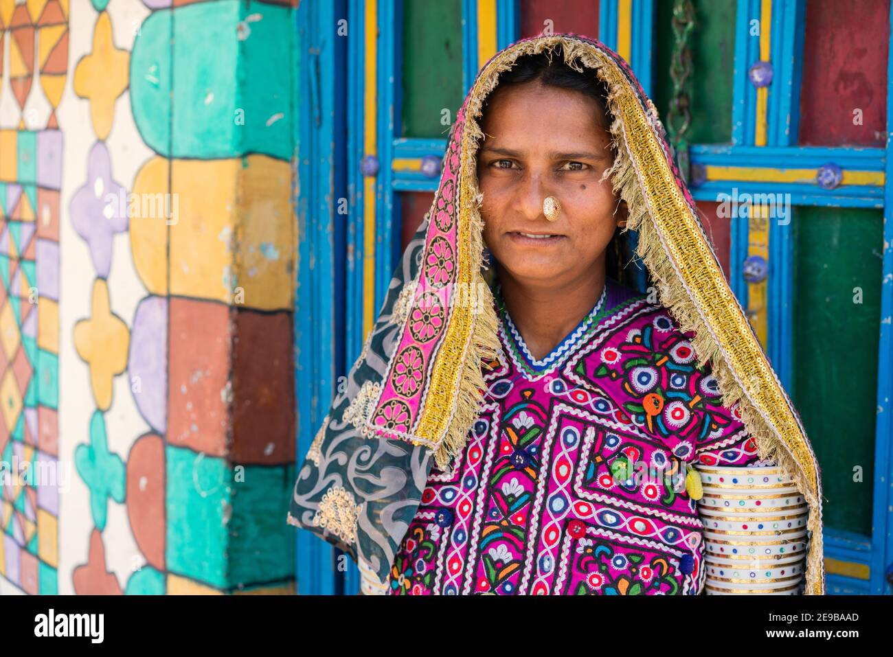 Gujarat India Meghwar Marvada woman in traditional embroidered dress. Stock Photo