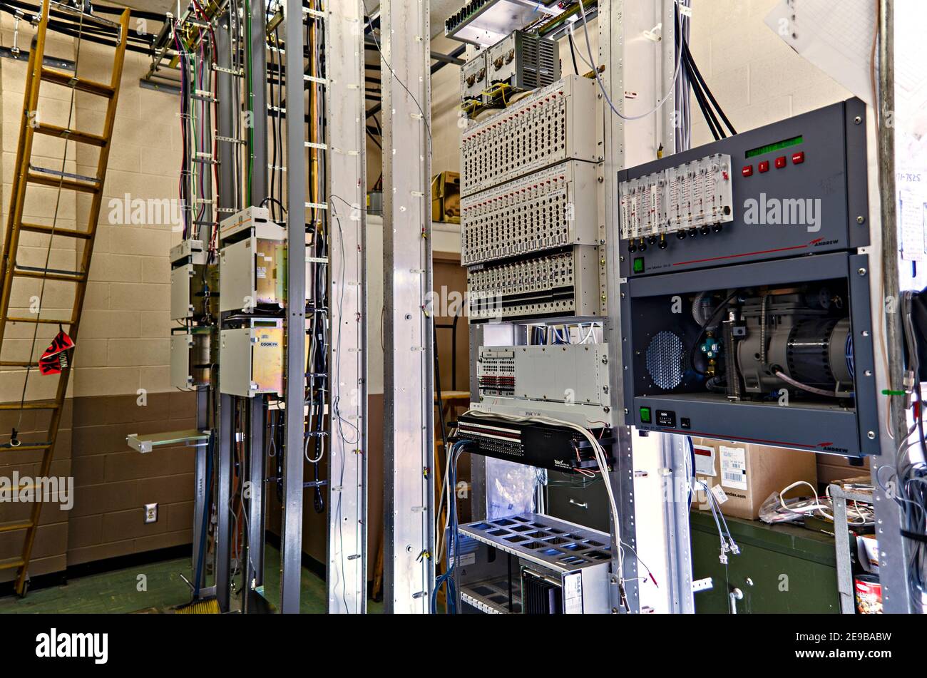 Inside remote telephone office shows telephone equipment Stock Photo