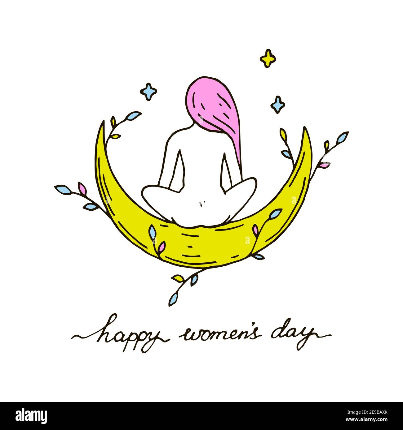 Women’s Day greeting card. Woman sitting on a half moon. Hand drawn vector illustration Stock Vector