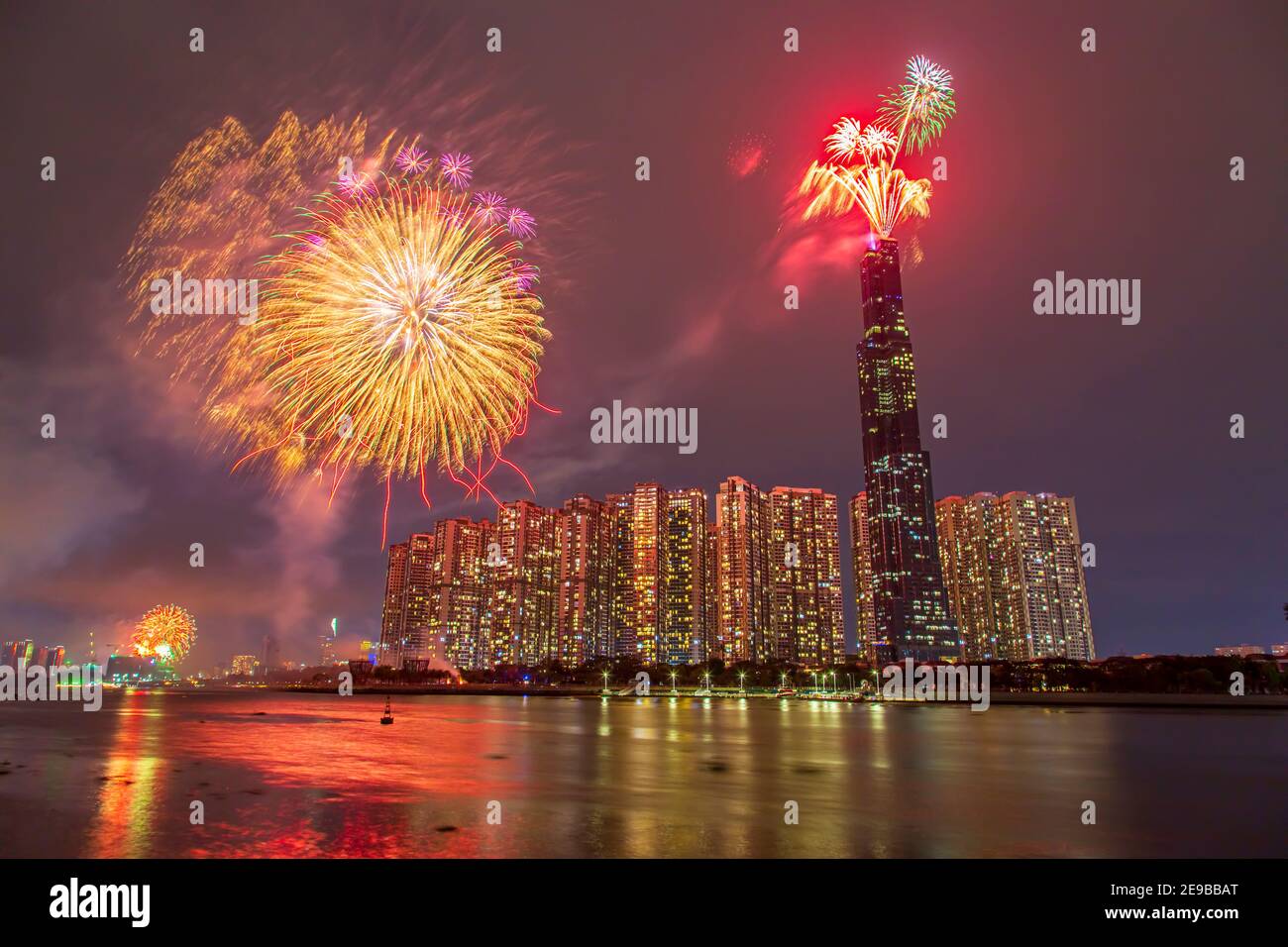 firework 2021 on landmark 81 tower Stock Photo