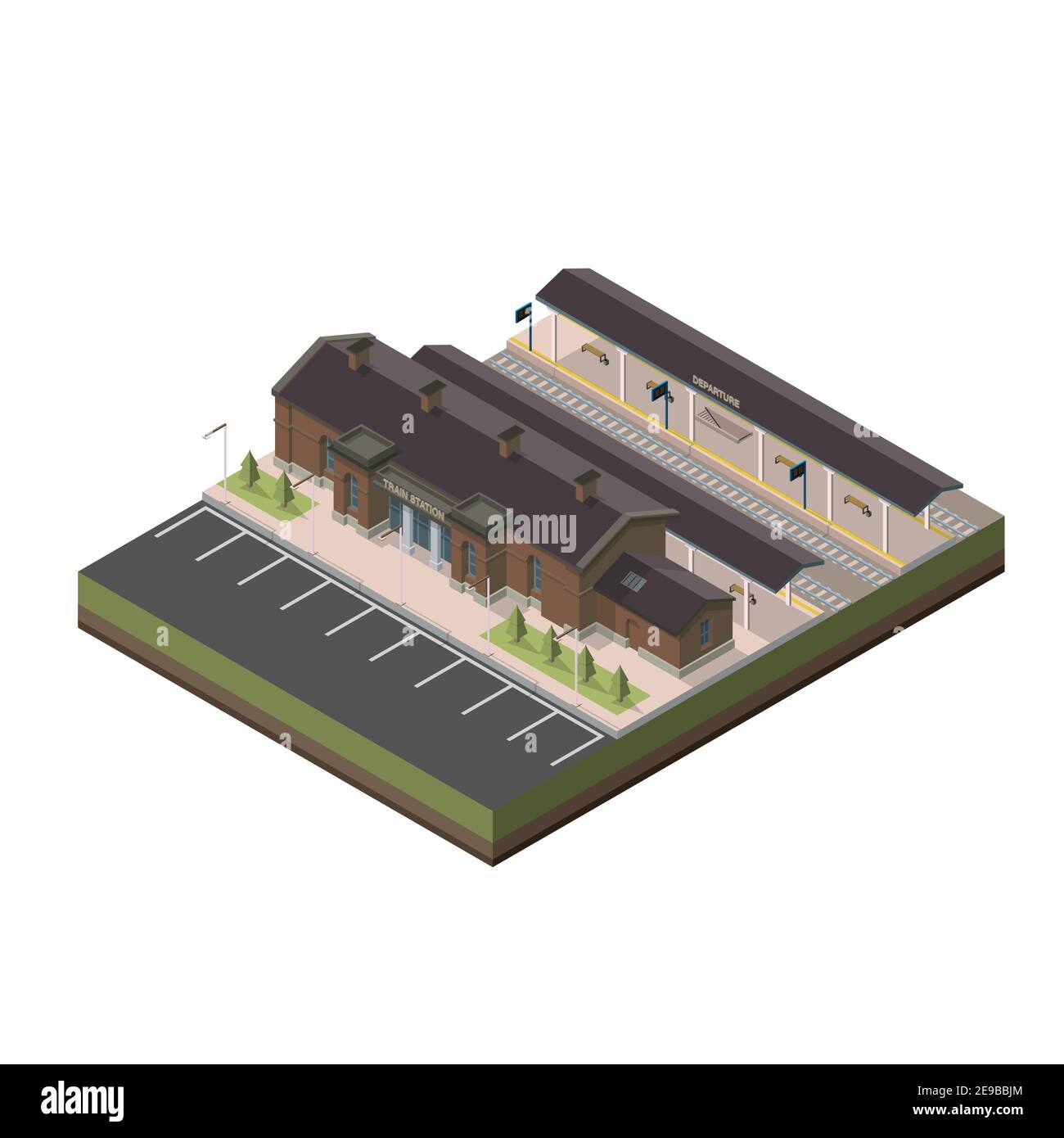 Railway station isometric. Vector isometric element representing railway(train) station with parking and passenger platform. Stock Vector