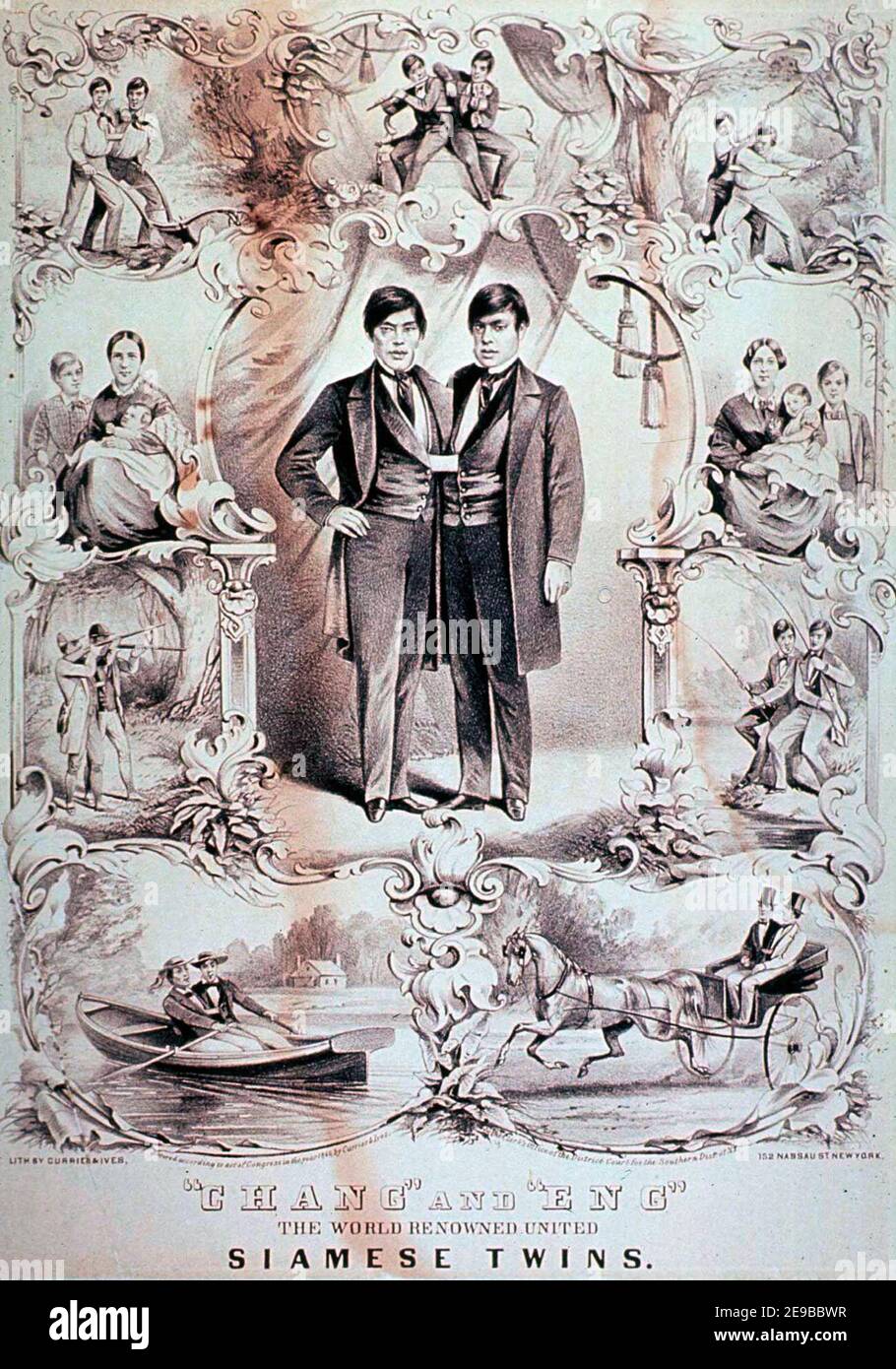 Currier and Ives lithograph dated 1860 which depicts 'The World Renowned United Siamese Twins' Chang and Eng Bunker. The border shows Chang and Eng engaged in a variety of activities, such as hunting, fishing, and farming. Their wives and children are shown at each of their sides. Stock Photo