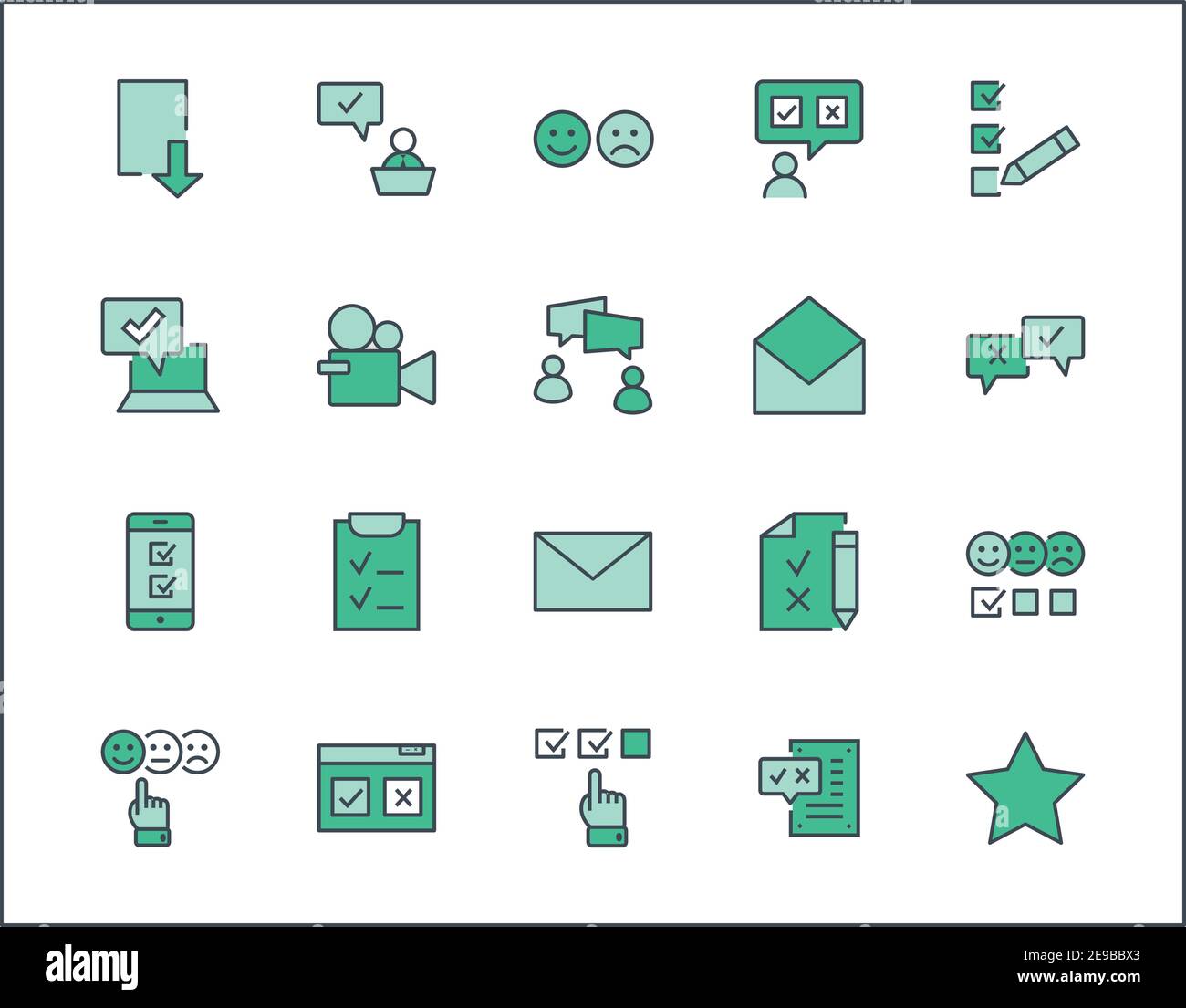 Set of Survey Related Vector Line Icons. Contains such Icons as Smile, Sad, Review, Click, Check, Customer Opinion, Web Survey and more. Editable Stock Vector
