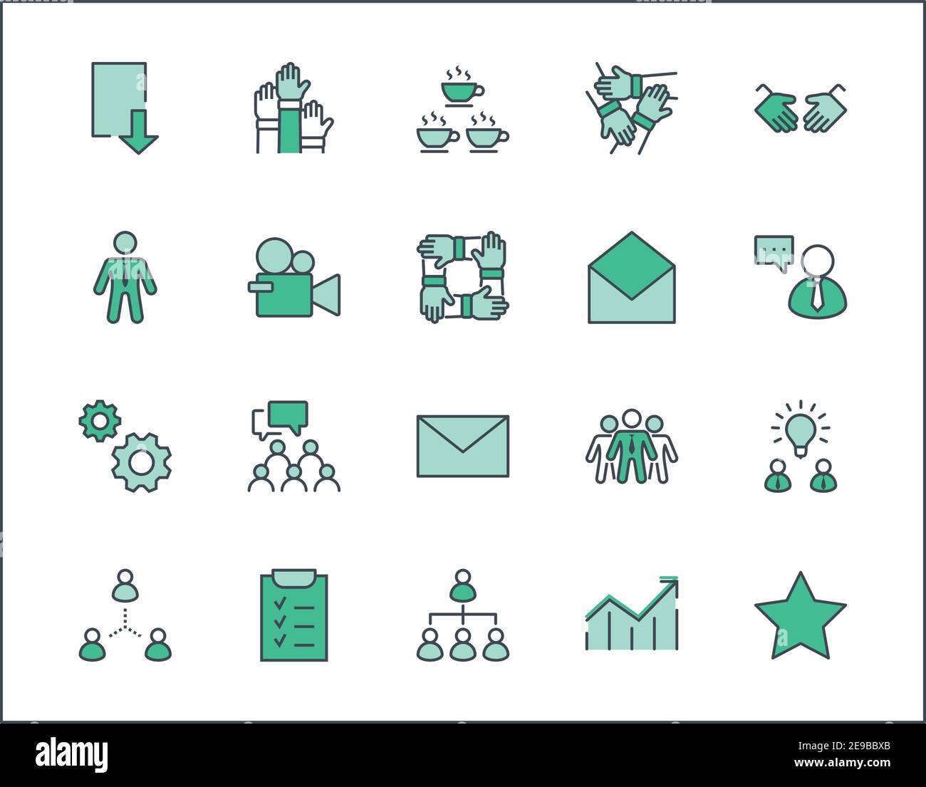 Set of Team Work Related Vector Line Icons. Contains such Icons as Handshake, Check, Idea, Coffee, Gears, Cooperation, Collaboration, Team Meeting and Stock Vector