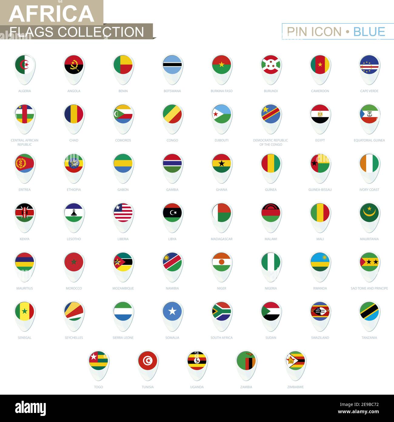Africa Flags Collection Big Set Of Blue Pin Icon With Flags Of African Countries Vector 7723