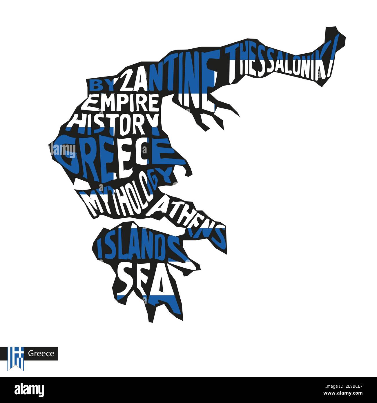 Typography map silhouette of Greece in black and flag colors. Vector Illustration. Stock Vector