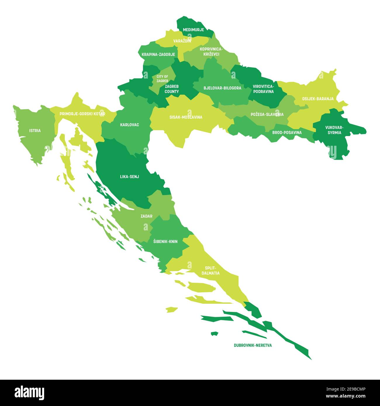 Green political map of Croatia. Administrative divisions - counties. Simple flat vector map with labels. Stock Vector