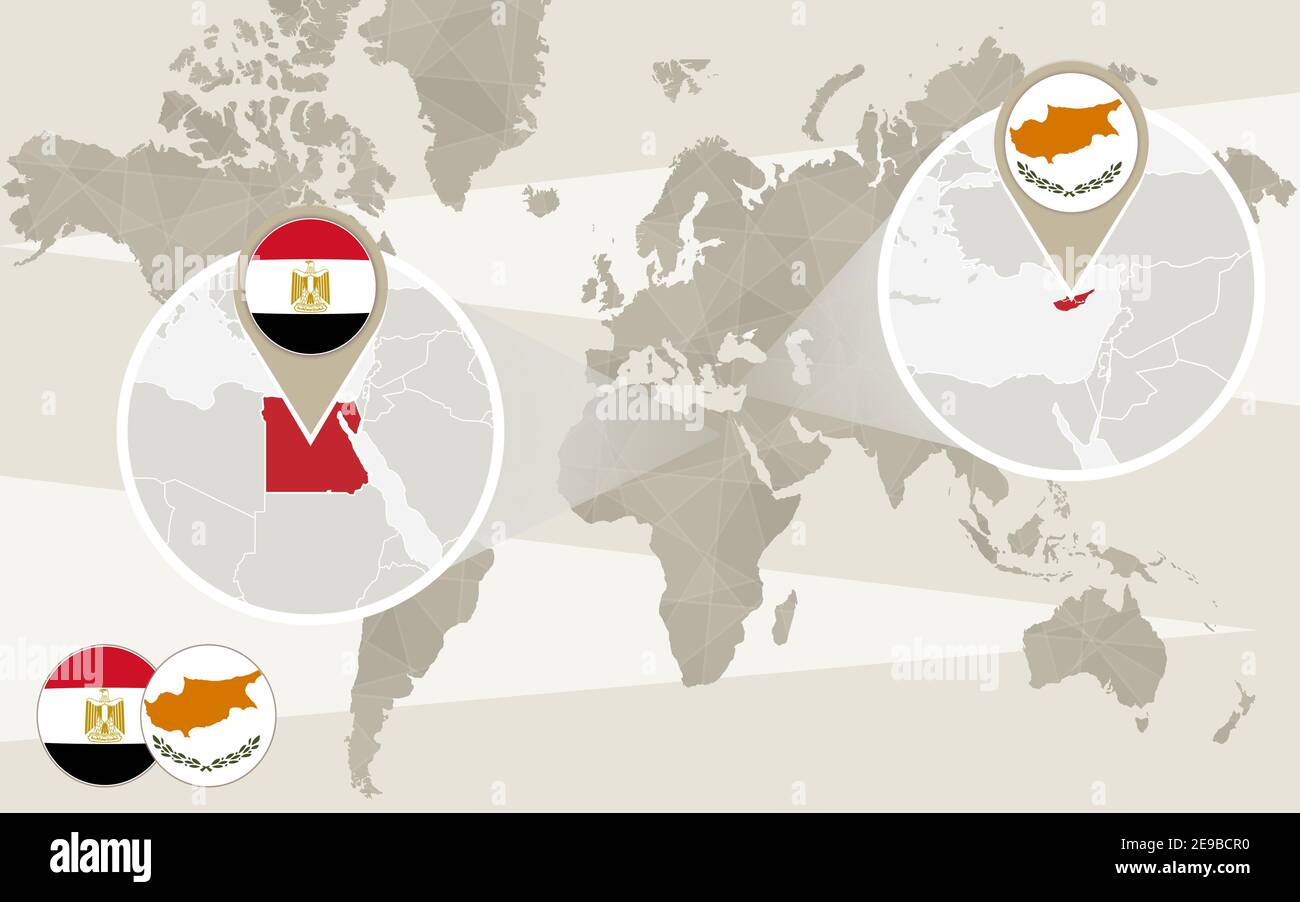World map zoom on Egypt, Cyprus. Hijack. Egypt map with flag. Cyprus ...