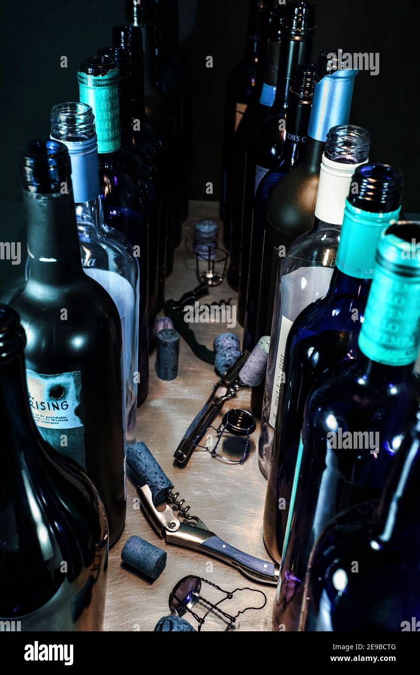Two rows of open wine bottles, corkscrews and corks. Party vibe. Stock Photo