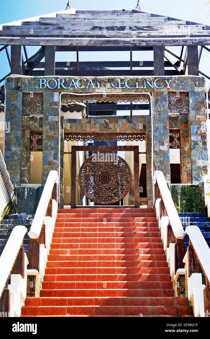 The Boracay Regency Beach Resort and Convention Center, locaed on White Beach in the Philippines, was the largest resort on the island in 2005.  Massive developments contributed to the need to more sustainably manage tourism on this resort island.  By 2017 the island attracted over 2 million annual visitors contributing to its closure in April 2018 by the government.  The entire island was closed for rehabilitation and redevelopment for six months and then followed a more sustainable phased opening over the following years. Stock Photo