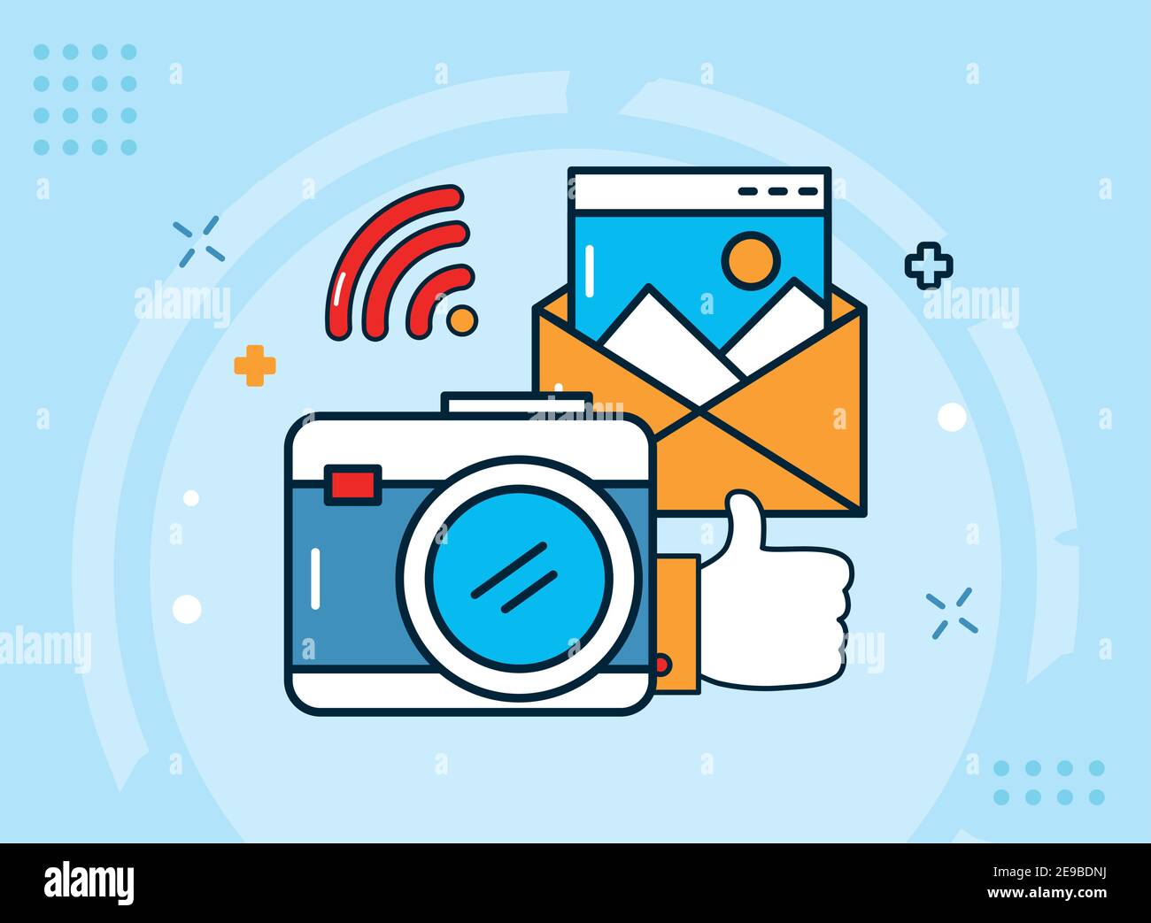 Social media camera and envelope with icon set design, multimedia