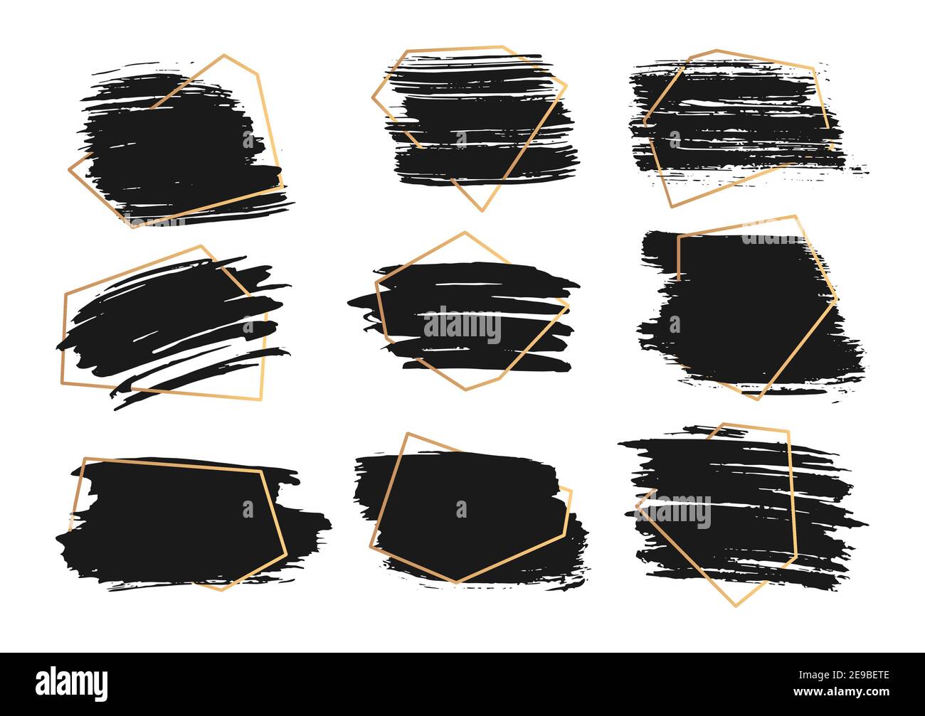 Set of different hand drawn ink brush strokes with gold frame. Stamp label for artistic design. Grunge texture, dirty banners and text boxes. Abstract lines black paint. Isolated vector illustration Stock Vector