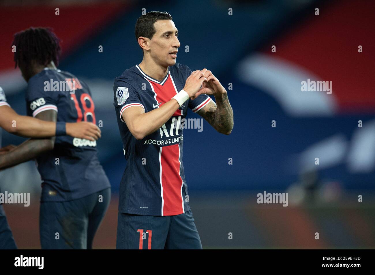 Angel Di Maria of PSG celebrates his goal during the Ligue 1 match between Paris Saint Germain and Girondin de Nimes at Parc des Princes on February 03, 2021 in Paris, France. Photo by David Niviere/ABACAPRESS.COM Stock Photo